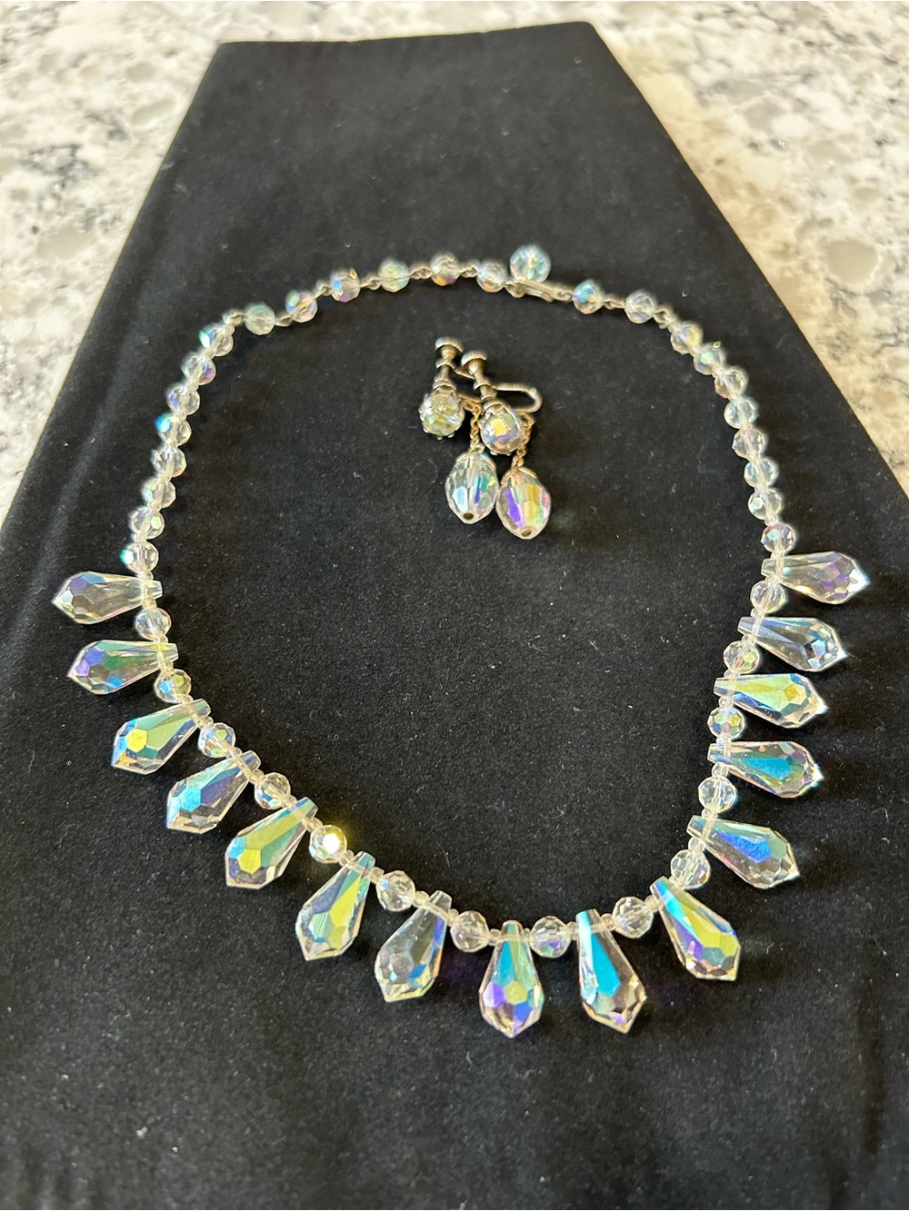 Vintage 1950’s Faceted Crystal Aurora borealis Tear Drop Necklace & Earrings Set